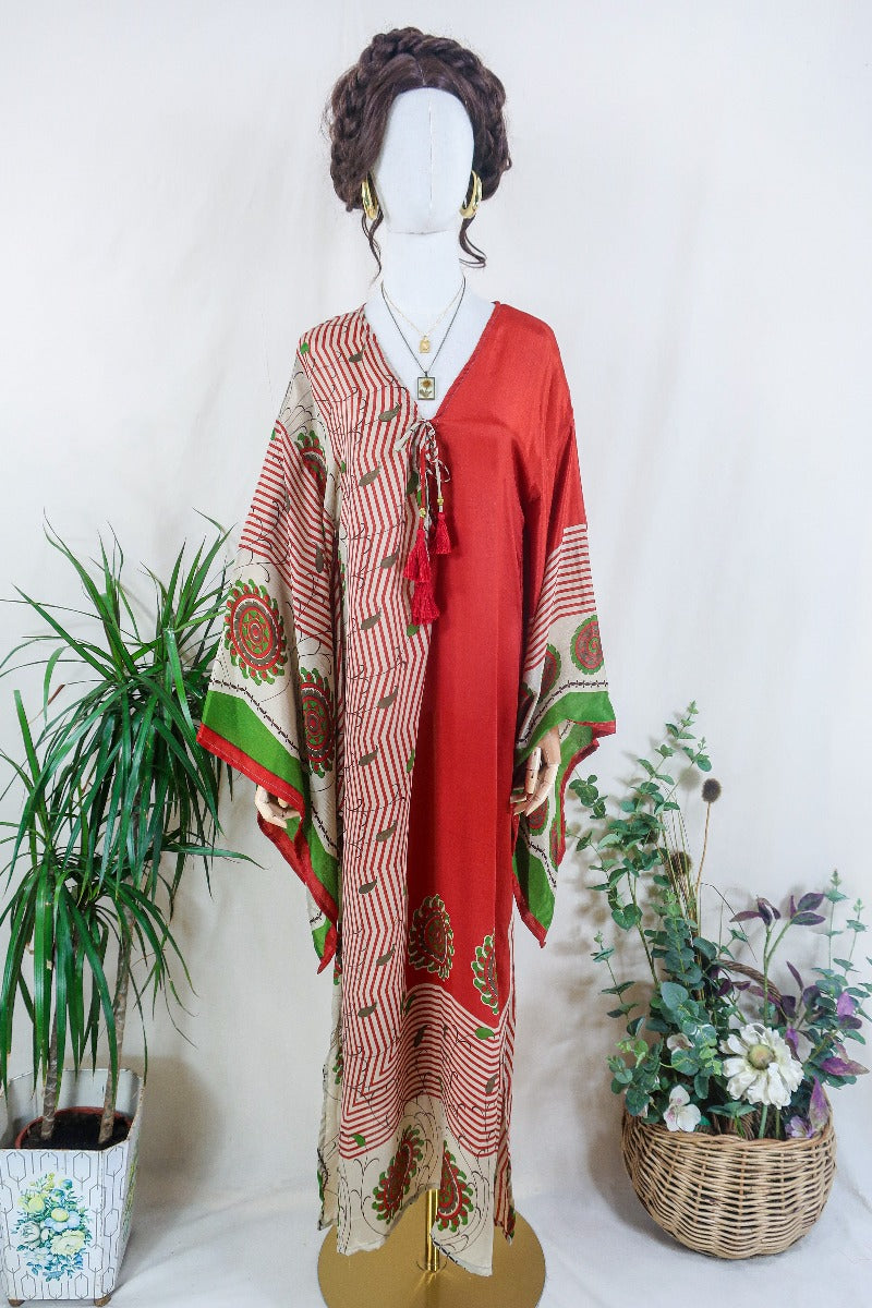 Cassandra Maxi Kaftan - Candy Apple Red Botanical - Vintage Sari - Size M/L by all about audrey
