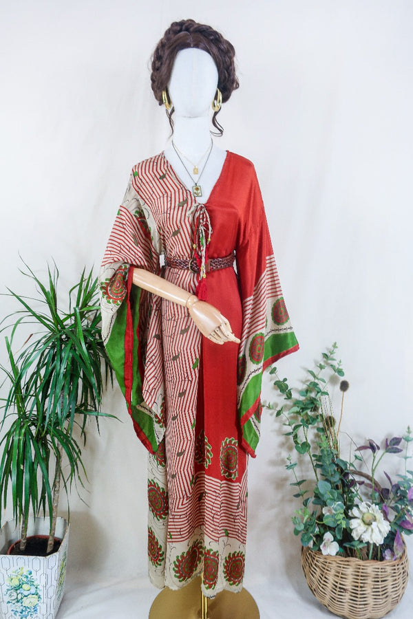 Cassandra Maxi Kaftan - Candy Apple Red Botanical - Vintage Sari - Size M/L by all about audrey