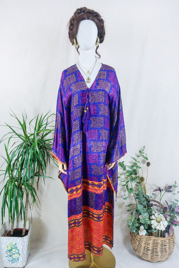 Cassandra Maxi Kaftan - Iridescent Violet & Blue Paisley - Vintage Sari - Size M/L by all about audrey