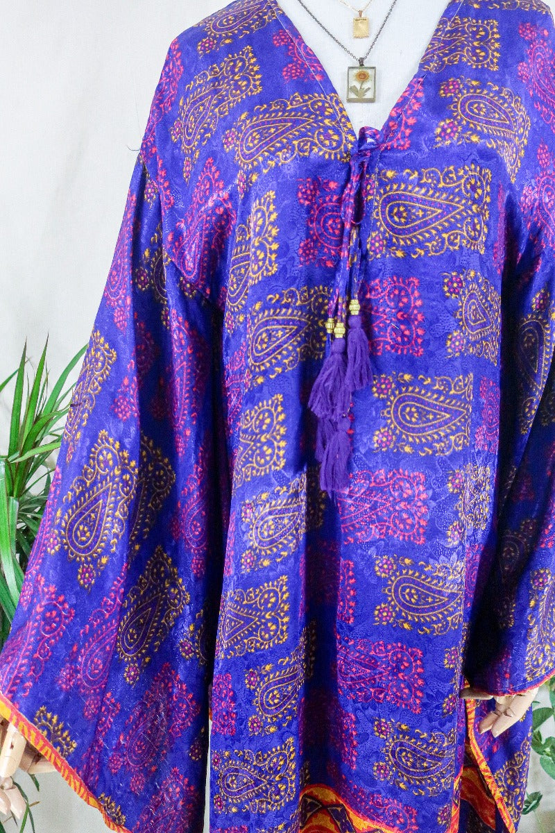 Cassandra Maxi Kaftan - Iridescent Violet & Blue Paisley - Vintage Sari - Size M/L by all about audrey