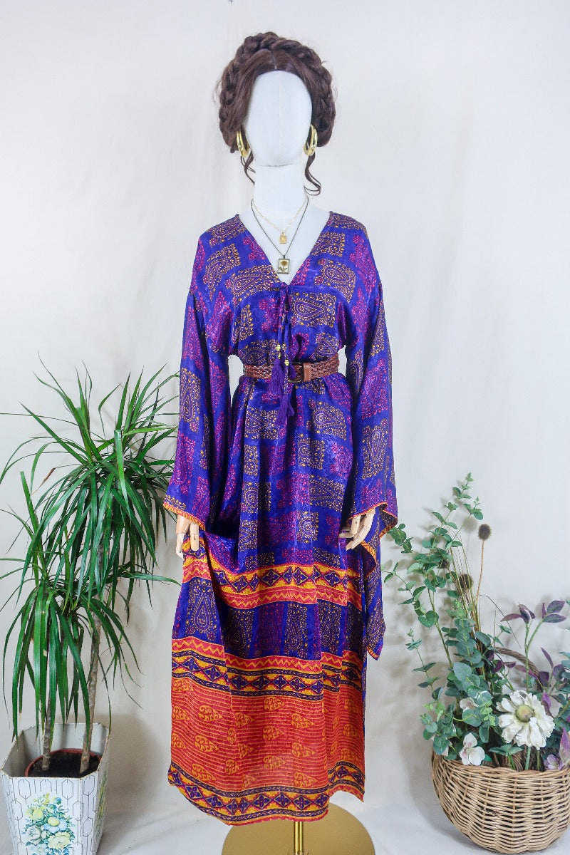 Cassandra Maxi Kaftan - Iridescent Violet & Blue Paisley - Vintage Sari - Size M/L by all about audrey