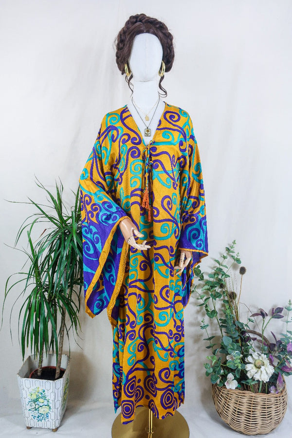 Cassandra Maxi Kaftan - Golden Yellow, Purple & Mint Green Swirls - Vintage Sari - Size M/L by all about audrey
