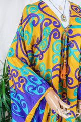 Cassandra Maxi Kaftan - Golden Yellow, Purple & Mint Green Swirls - Vintage Sari - Size M/L by all about audrey