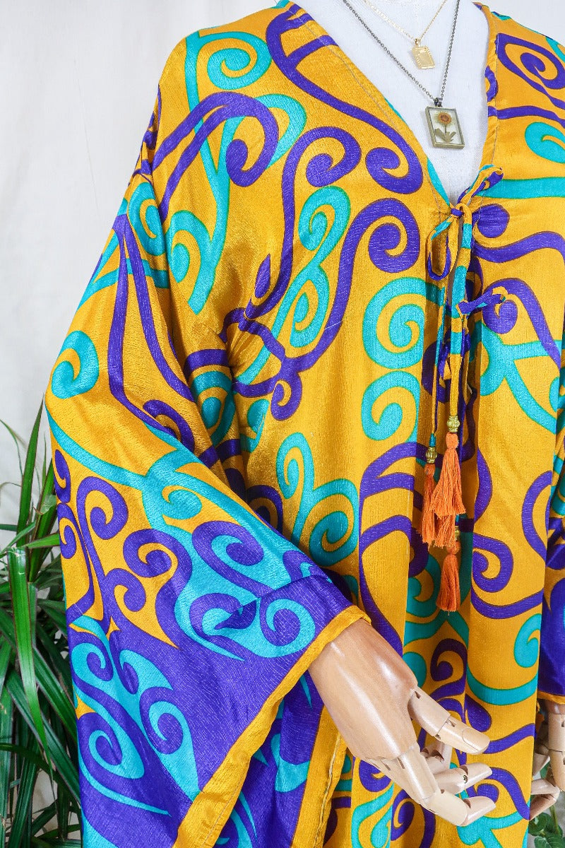 Cassandra Maxi Kaftan - Golden Yellow, Purple & Mint Green Swirls - Vintage Sari - Size M/L by all about audrey