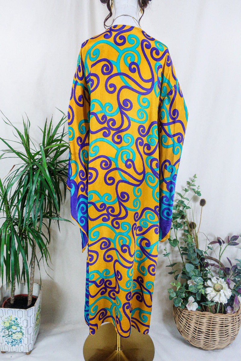 Cassandra Maxi Kaftan - Golden Yellow, Purple & Mint Green Swirls - Vintage Sari - Size M/L by all about audrey