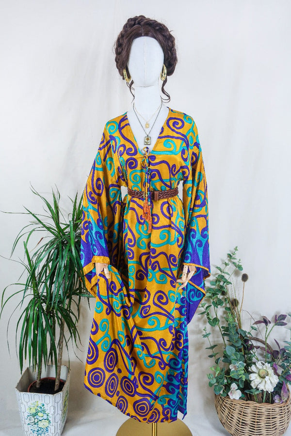 Cassandra Maxi Kaftan - Golden Yellow, Purple & Mint Green Swirls - Vintage Sari - Size M/L by all about audrey