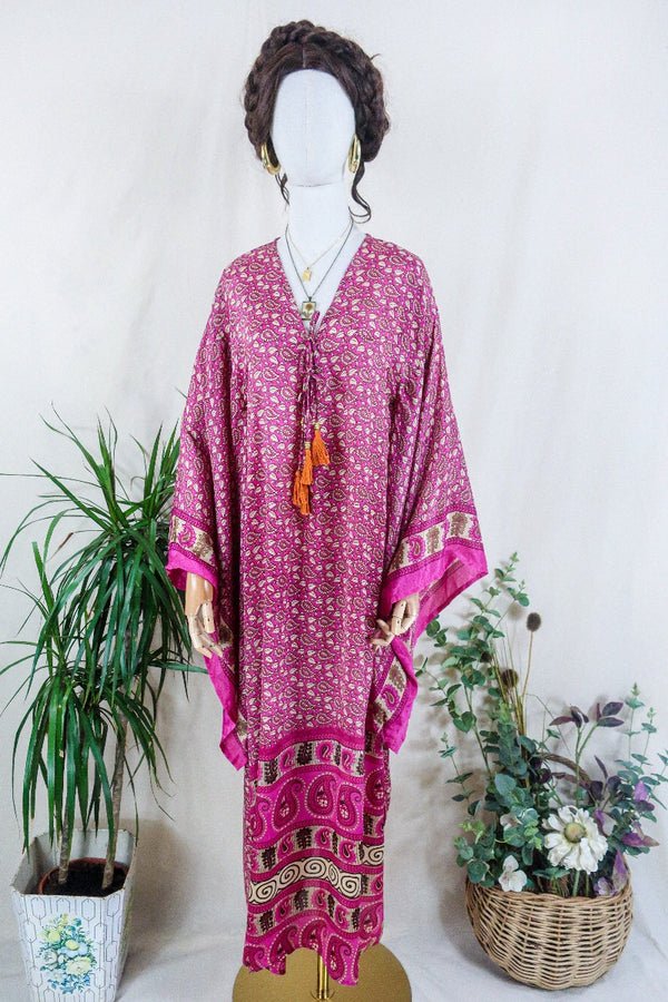 Cassandra Maxi Kaftan - Pink Kiss Paisley - Vintage Sari - Size S/M