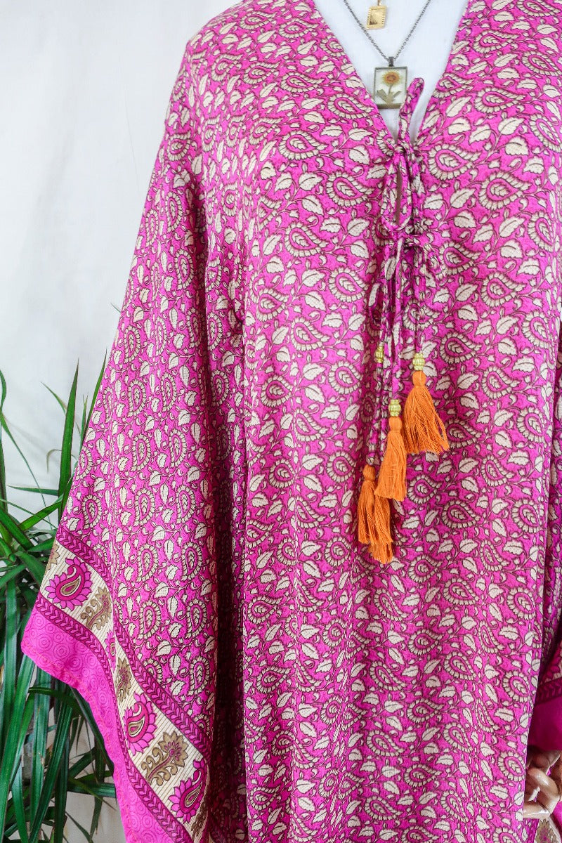 Cassandra Maxi Kaftan - Pink Kiss Paisley - Vintage Sari - Size S/M