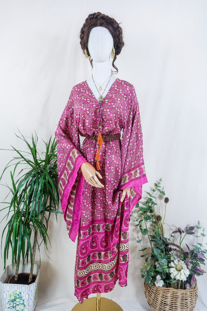 Cassandra Maxi Kaftan - Pink Kiss Paisley - Vintage Sari - Size S/M