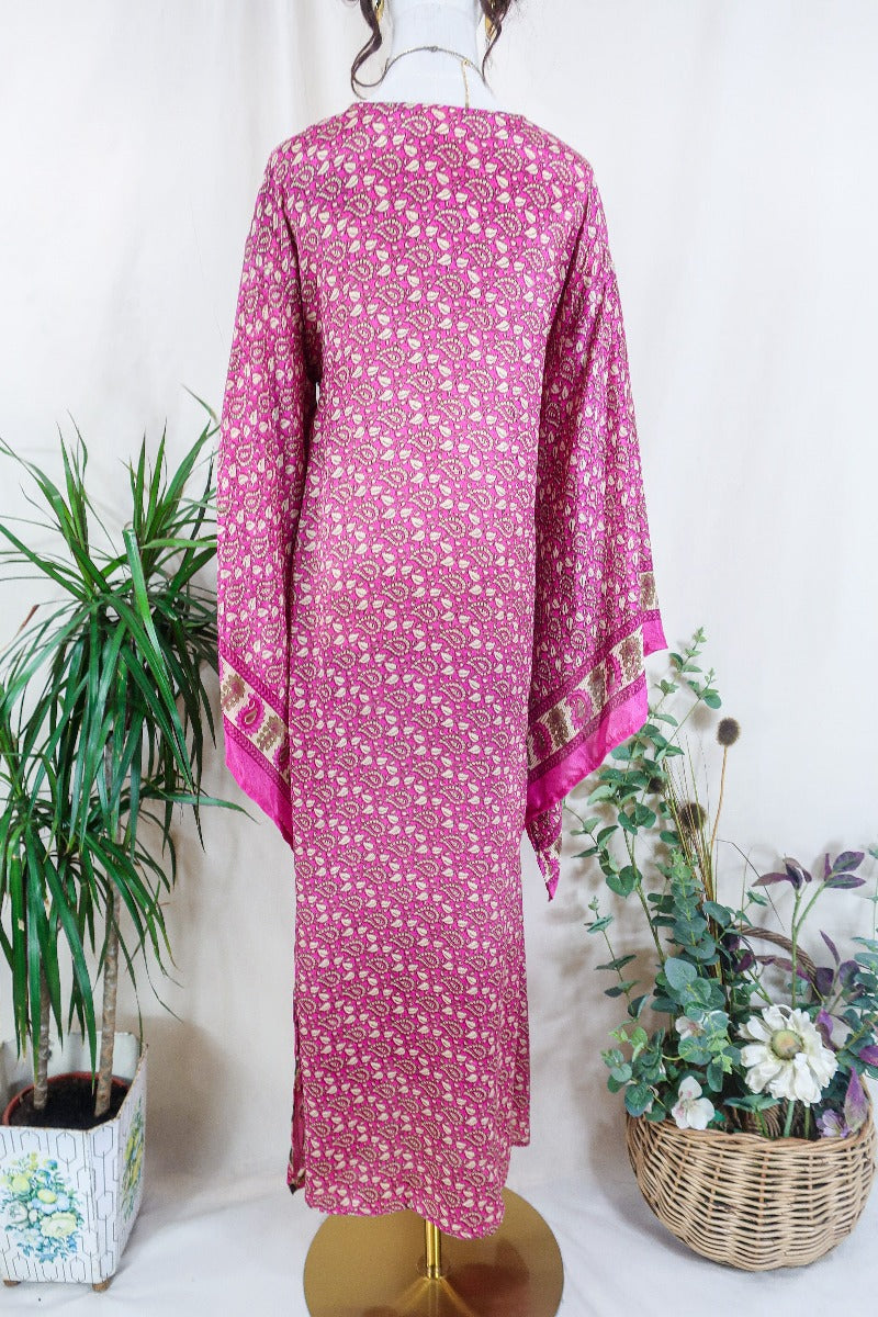 Cassandra Maxi Kaftan - Pink Kiss Paisley - Vintage Sari - Size S/M