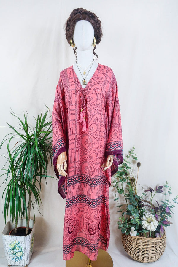 Cassandra Maxi Kaftan - Vivid Coral Swirls  - Vintage Sari - Size S/M
