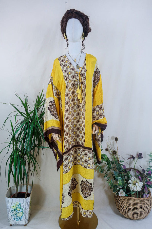 Cassandra Maxi Kaftan - Limoncello and Chocolate Ikat   - Vintage Sari - Size L/XL