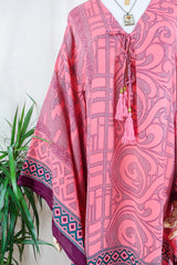 Cassandra Maxi Kaftan - Vivid Coral Swirls  - Vintage Sari - Size S/M
