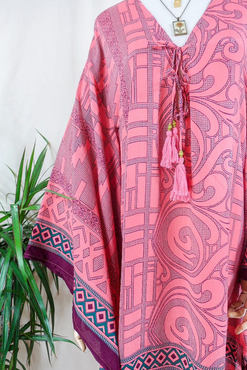 Cassandra Maxi Kaftan - Vivid Coral Swirls  - Vintage Sari - Size S/M