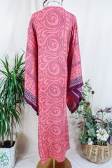Cassandra Maxi Kaftan - Vivid Coral Swirls  - Vintage Sari - Size S/M