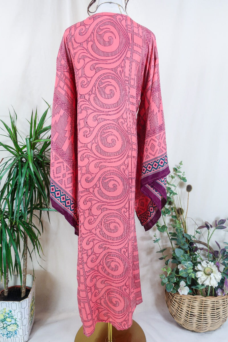 Cassandra Maxi Kaftan - Vivid Coral Swirls  - Vintage Sari - Size S/M