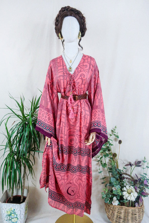 Cassandra Maxi Kaftan - Vivid Coral Swirls  - Vintage Sari - Size S/M