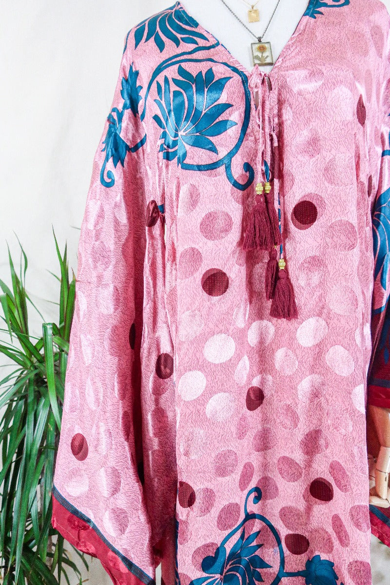 Cassandra Maxi Kaftan - Dusted Rouge Polka Dot - Vintage Sari - Size S/M