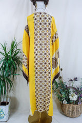 Cassandra Maxi Kaftan - Limoncello and Chocolate Ikat   - Vintage Sari - Size L/XL