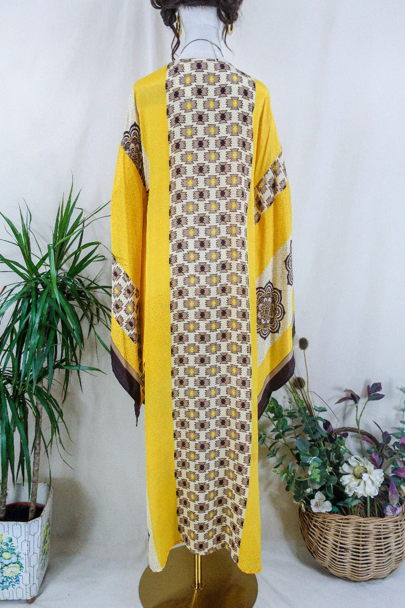 Cassandra Maxi Kaftan - Limoncello and Chocolate Ikat   - Vintage Sari - Size L/XL