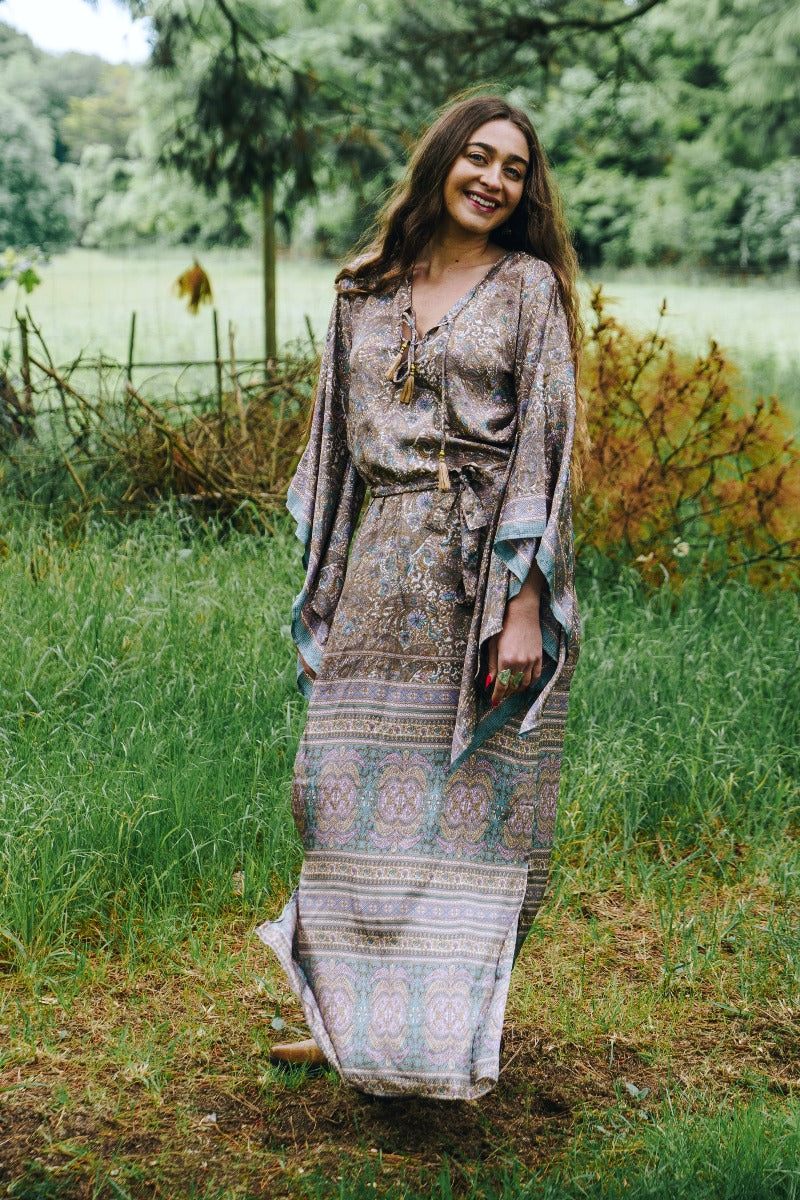 Cassidy Maxi Dress in Mirage Blue bohemian 1970s style kaftan dresses by all about audrey