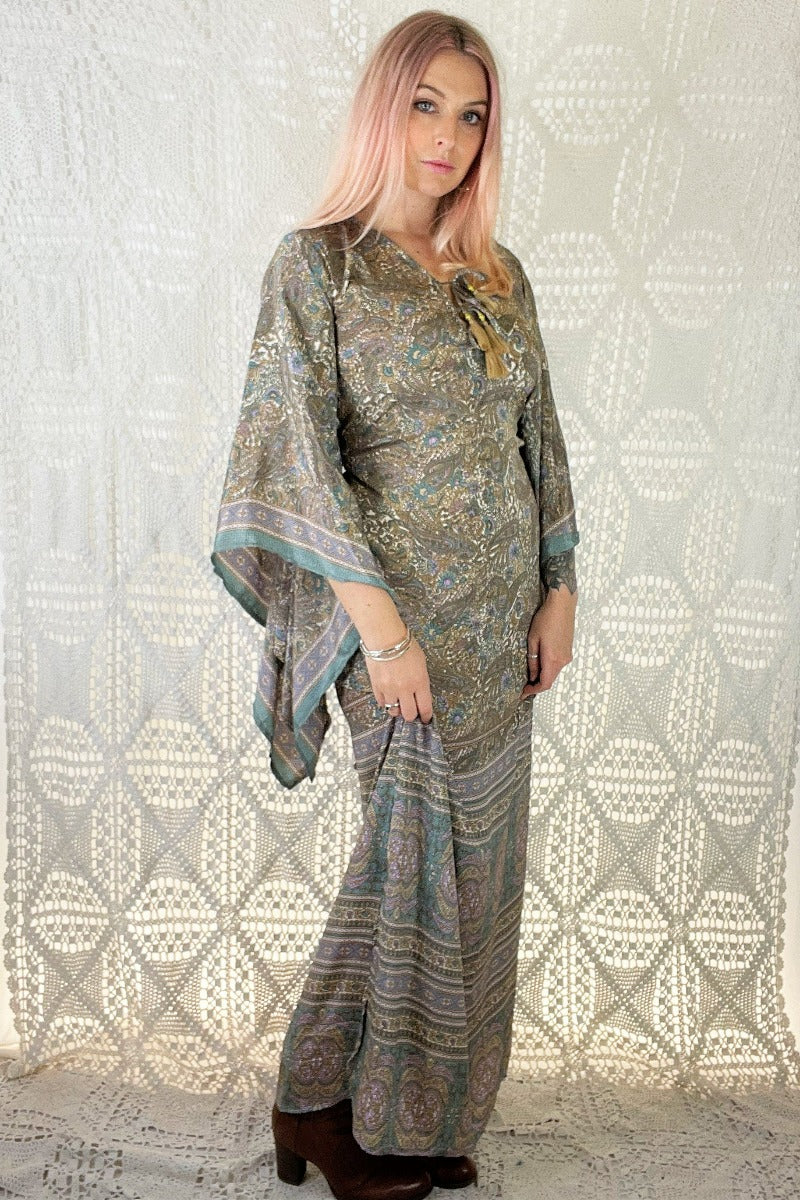 Cassidy Maxi Dress in Mirage Blue bohemian 1970s style kaftan dresses by all about audrey