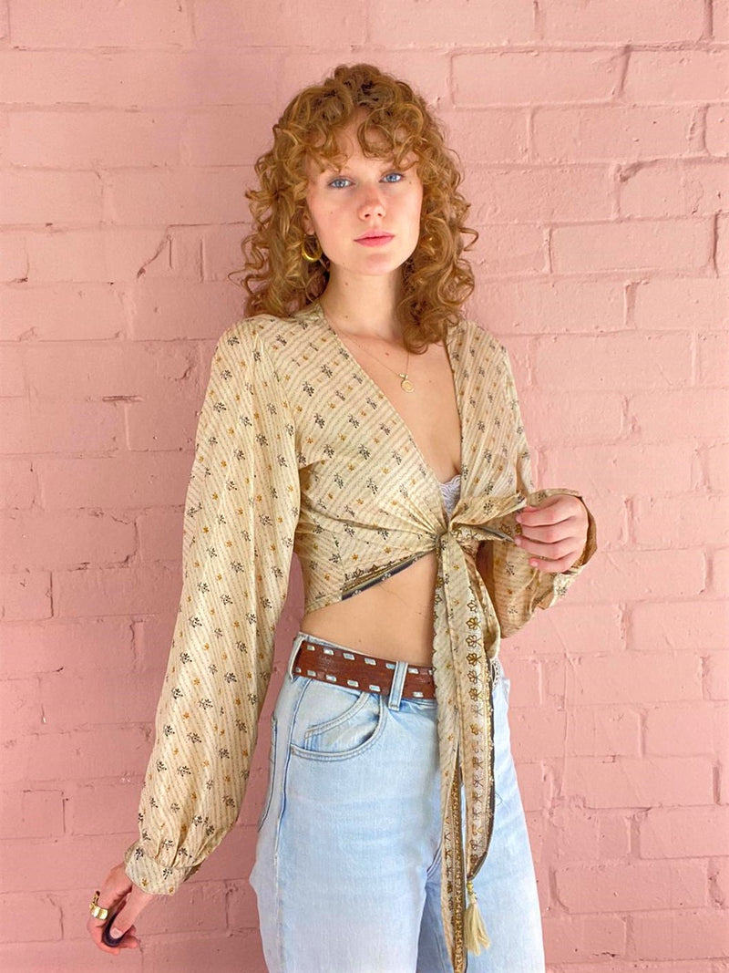 Lola Bohemian Wrap Top - Vintage Indian Sari - Sunshine & Oat Swirl - M/L