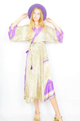 Champagne & violet floral paisley print Aquaria recycled sari boho kimono dress, with wide sleeves and a matching belt - All About Audrey