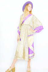 Champagne & violet floral paisley print Aquaria recycled sari boho kimono dress, with wide sleeves and a matching belt - All About Audrey