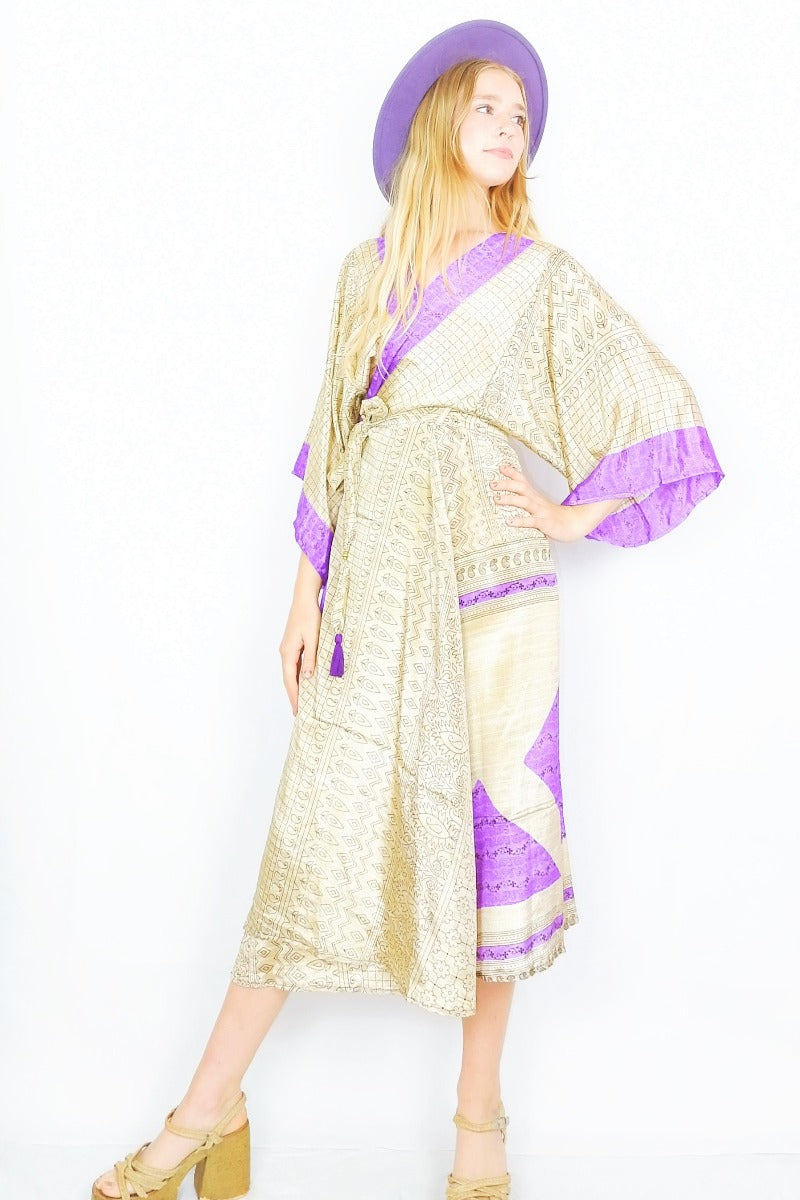 Champagne & violet floral paisley print Aquaria recycled sari boho kimono dress, with wide sleeves and a matching belt - All About Audrey