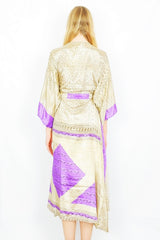 Champagne & violet floral paisley print Aquaria recycled sari boho kimono dress, with wide sleeves and a matching belt - All About Audrey