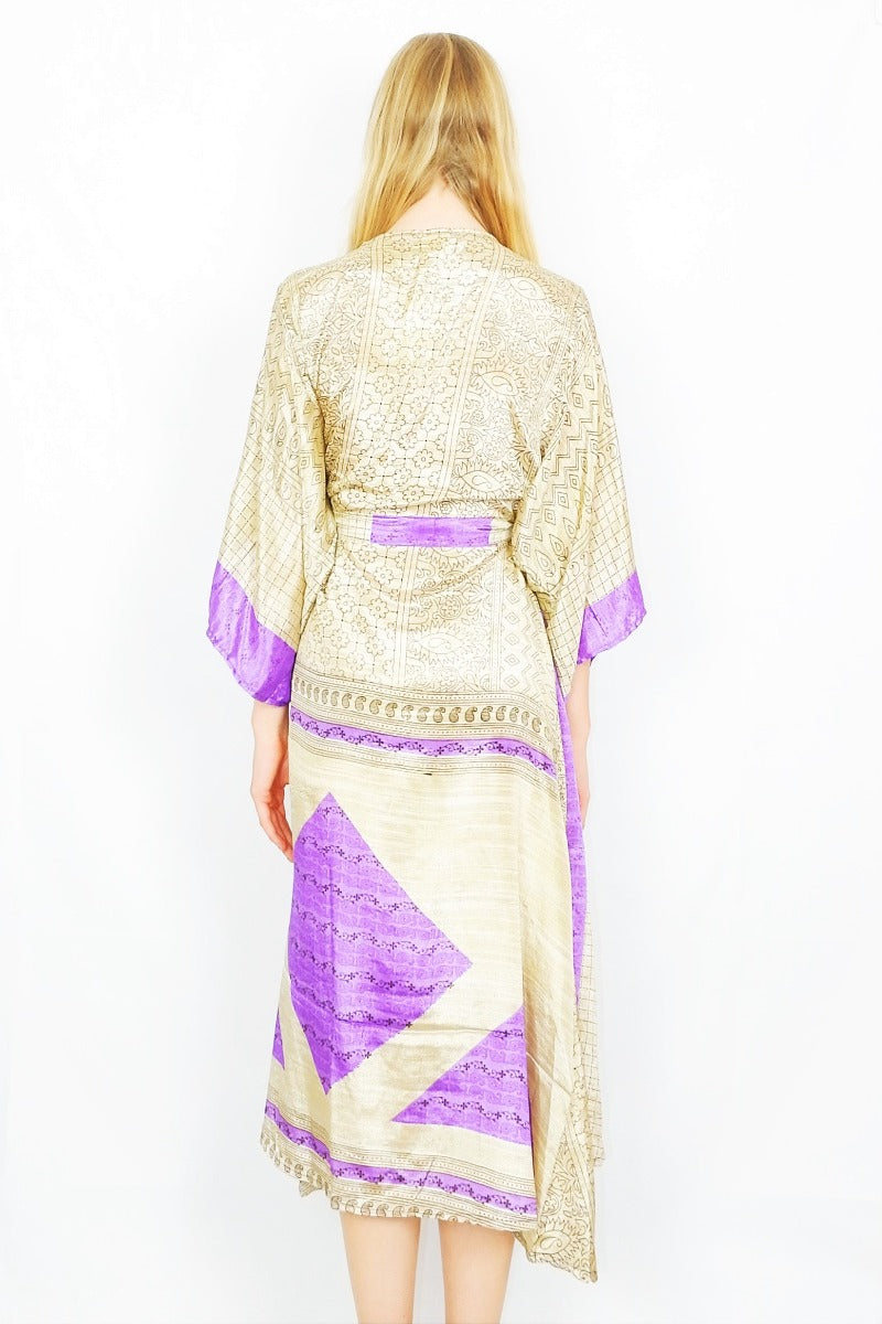 Champagne & violet floral paisley print Aquaria recycled sari boho kimono dress, with wide sleeves and a matching belt - All About Audrey