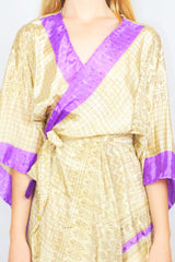 Champagne & violet floral paisley print Aquaria recycled sari boho kimono dress, with wide sleeves and a matching belt - All About Audrey