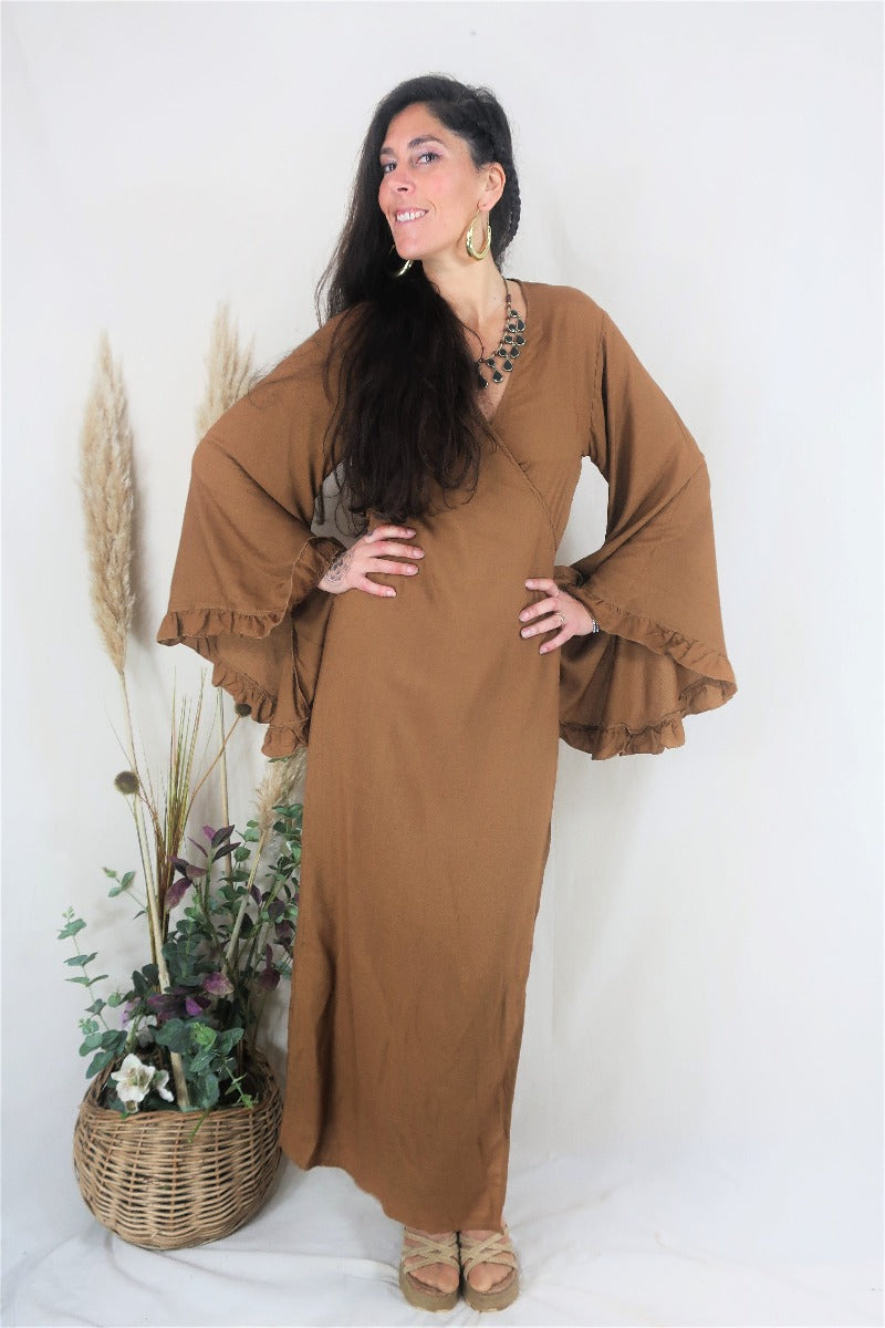 Frill Bell Sleeve Venus Maxi Dress | Cinnamon Brown | All About Audrey All About Audrey Vintage Boutique Frill Bell Sleeve Venus Maxi Dress | Cinnamon Brown | All About Audrey All About Audrey Vintage Boutique
