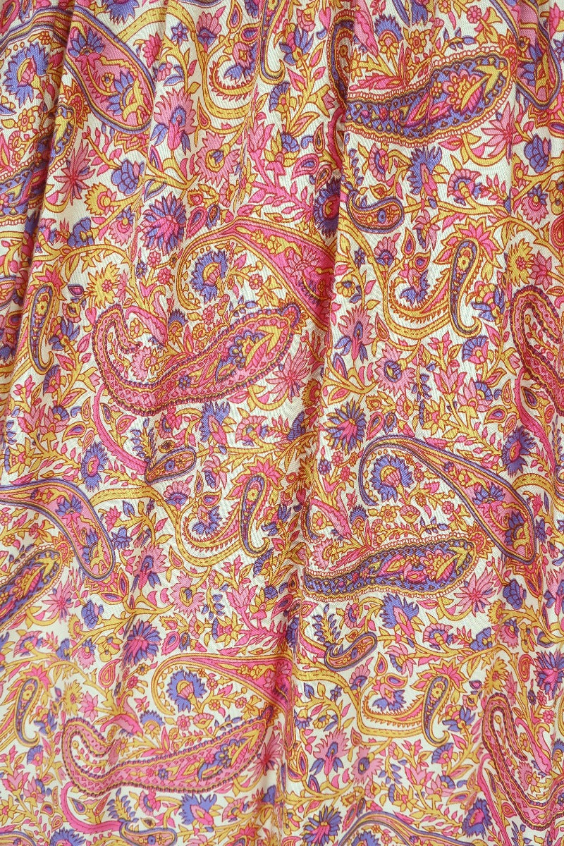 close up print florence mini short bohemian style dress with balloon sleeve and button down contrast yolk in flower and paisley print colour ivory violet and rose by all about audrey