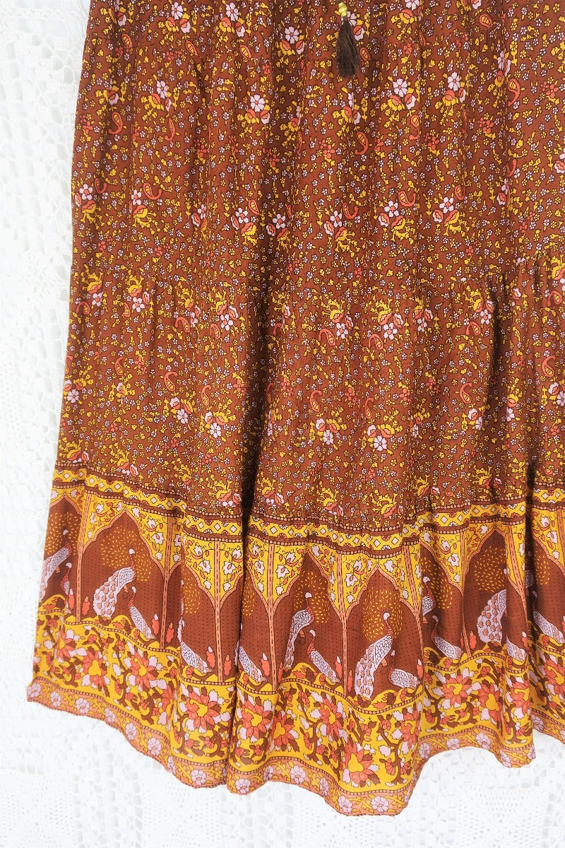 Peacock Prairie Bohemian Maxi Skirt - Gingerbread Indian Rayon (Free Size) by All About Audrey