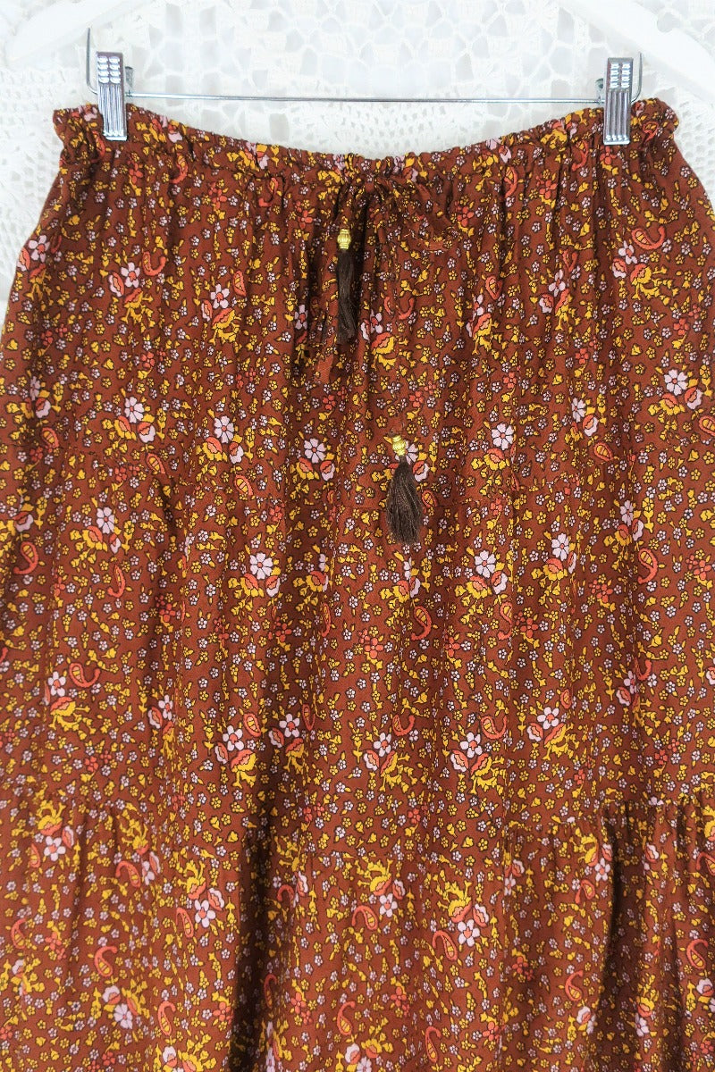 Peacock Prairie Bohemian Maxi Skirt - Gingerbread Indian Rayon (Free Size) by All About Audrey