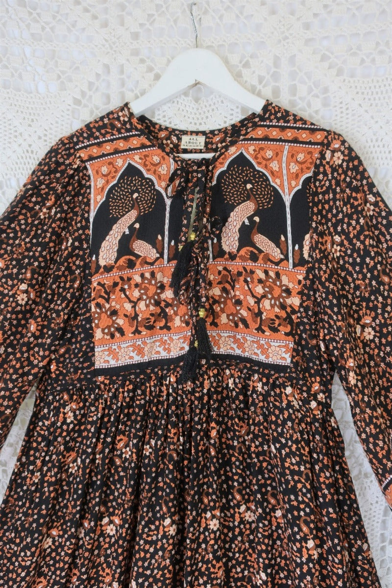 Peacock Primrose Bohemian Smock Midi Dress - Jet Black & Terracotta Rayon - ALL SIZES by All About Audrey