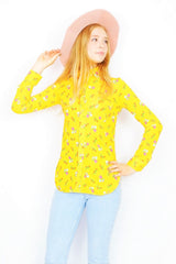 vintage 70s boho long sleeve button up shirt in solar yellow with a floral print - All About Audrey