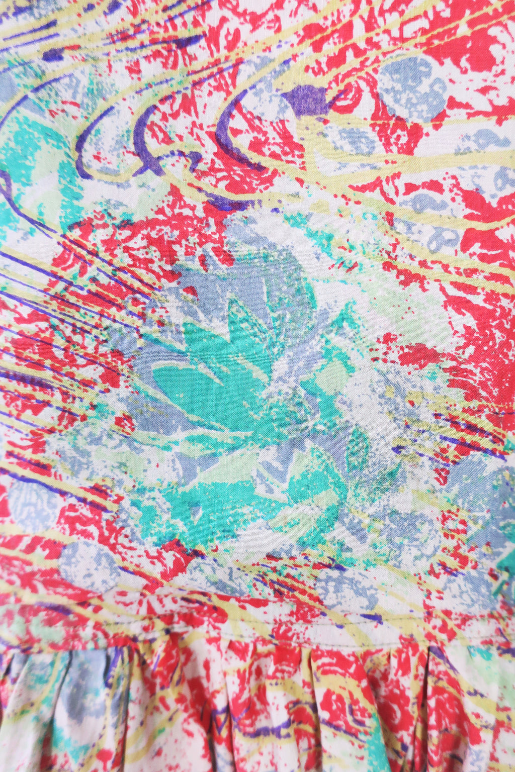 Daisy Smock Top - Vintage Indian Sari - Aqua & Pink Coral Speckled Swirl - Size S/M