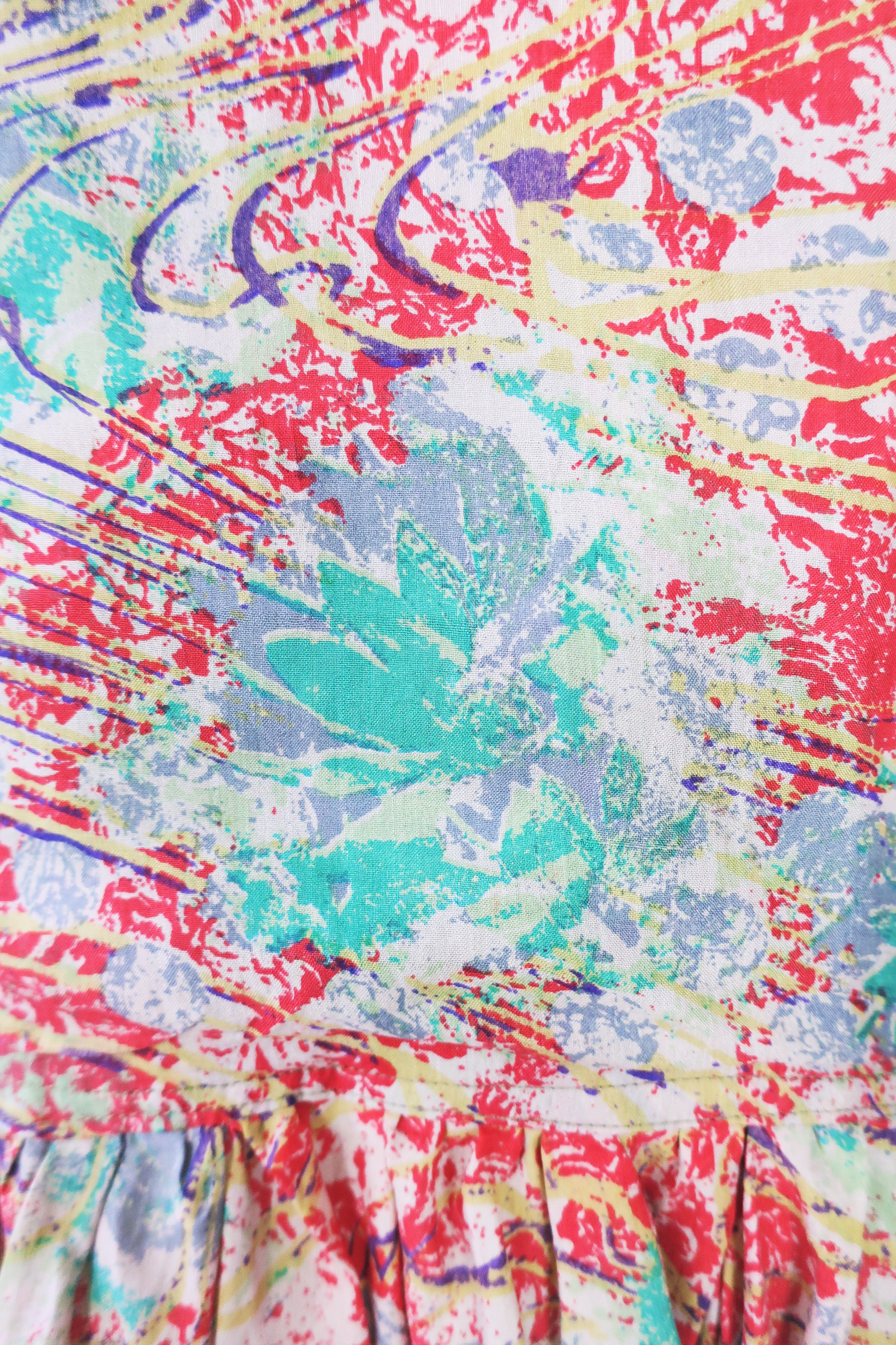 Daisy Smock Top - Vintage Indian Sari - Aqua & Pink Coral Speckled Swirl - Size S/M