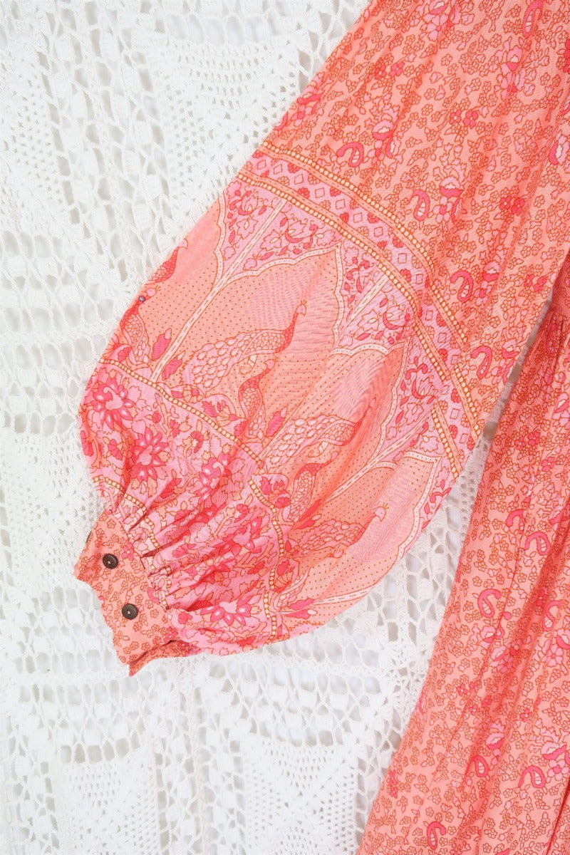 Peacock Primrose Boho Balloon Sleeve Midi Smock Dress - Peachy Rose Rayon - ALL SIZES by All About Audrey