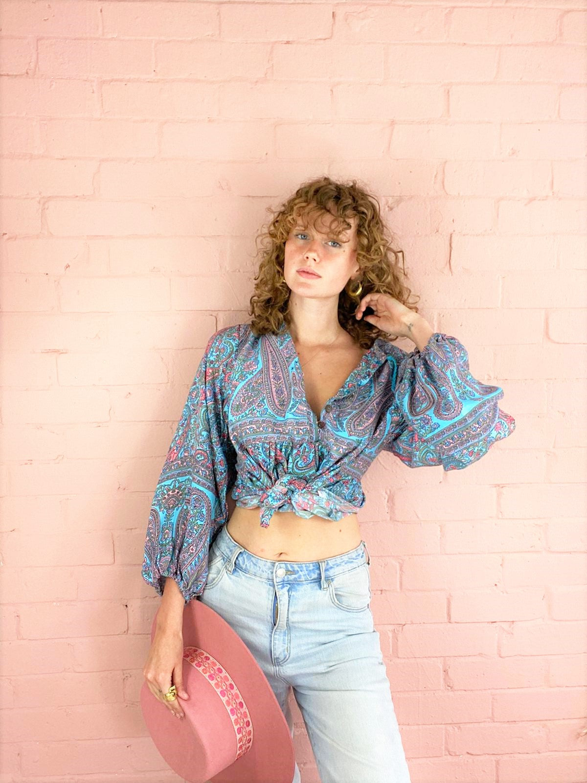 Florence Smock Top in Powder Blue & Peach Paisley Floral