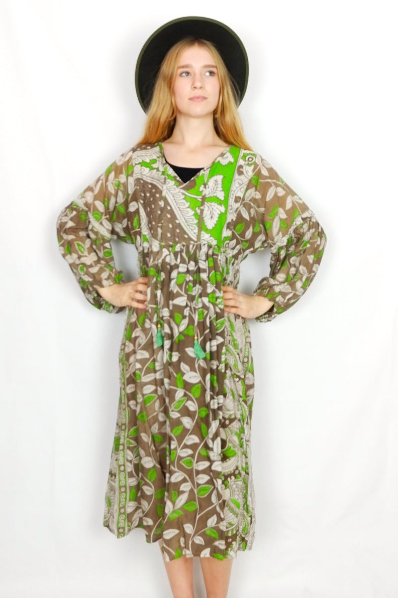 Daisy Midi Smock Dress - Vintage Indian Cotton Sari - Taupe & Spring Green Leaf Print - S/M by all about audrey