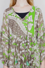 Daisy Midi Smock Dress - Vintage Indian Cotton Sari - Taupe & Spring Green Leaf Print - S/M by all about audrey