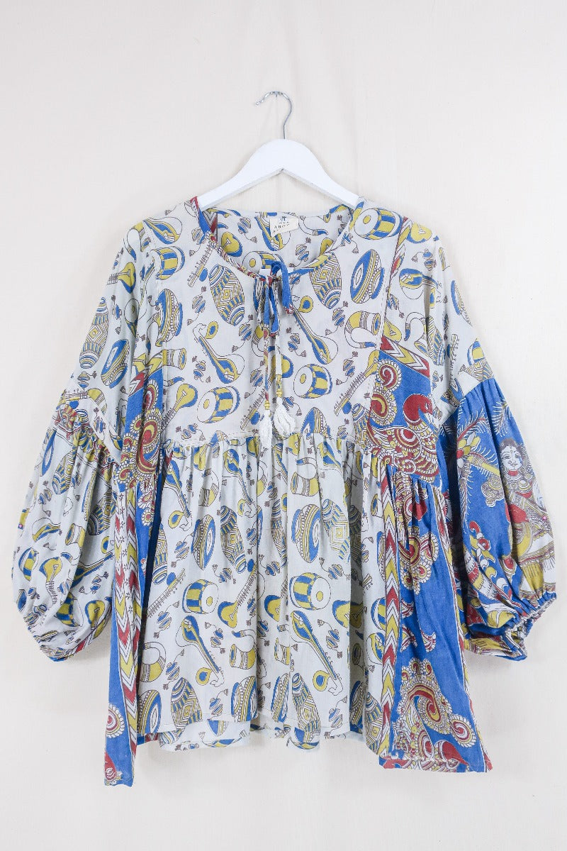 Daisy Smock Top - Boogie to the Beat in Lemon and Lapis - Vintage Indian Cotton - Size M/L By All About Audrey
