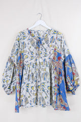 Daisy Smock Top - Boogie to the Beat in Lemon and Lapis - Vintage Indian Cotton - Size M/L By All About Audrey