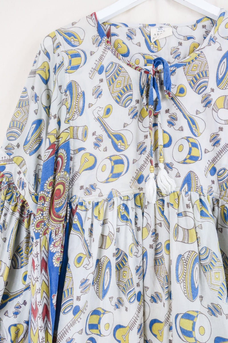 Daisy Smock Top - Boogie to the Beat in Lemon and Lapis - Vintage Indian Cotton - Size M/L By All About Audrey