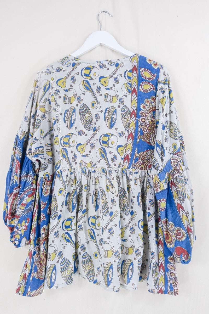 Daisy Smock Top - Boogie to the Beat in Lemon and Lapis - Vintage Indian Cotton - Size M/L By All About Audrey