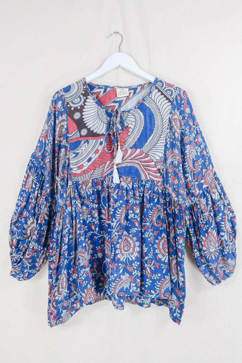 Daisy Smock Top - Lapis and Raspberry Gardenia  - Vintage Indian Cotton - Size M/L By All About Audrey